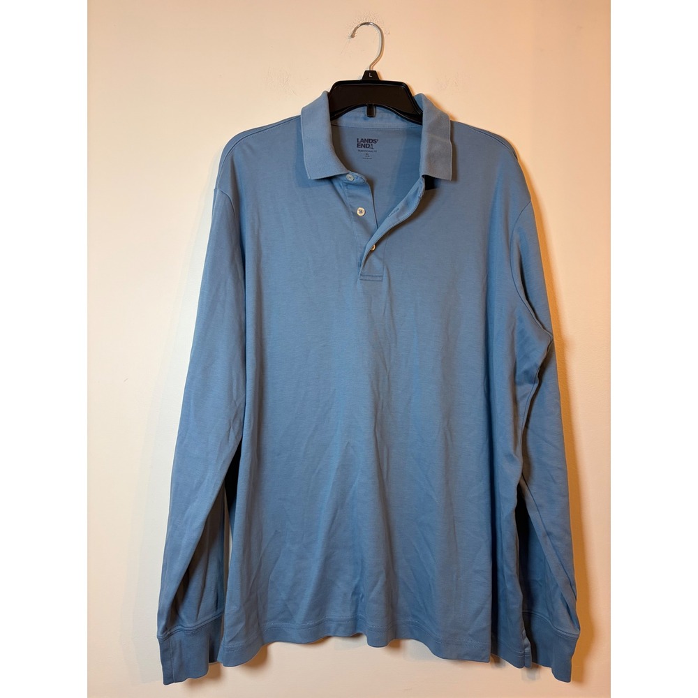 Lands End Polo Shirt Mens XL Blue Long Sleeve Traditional Fit Cotton Casual